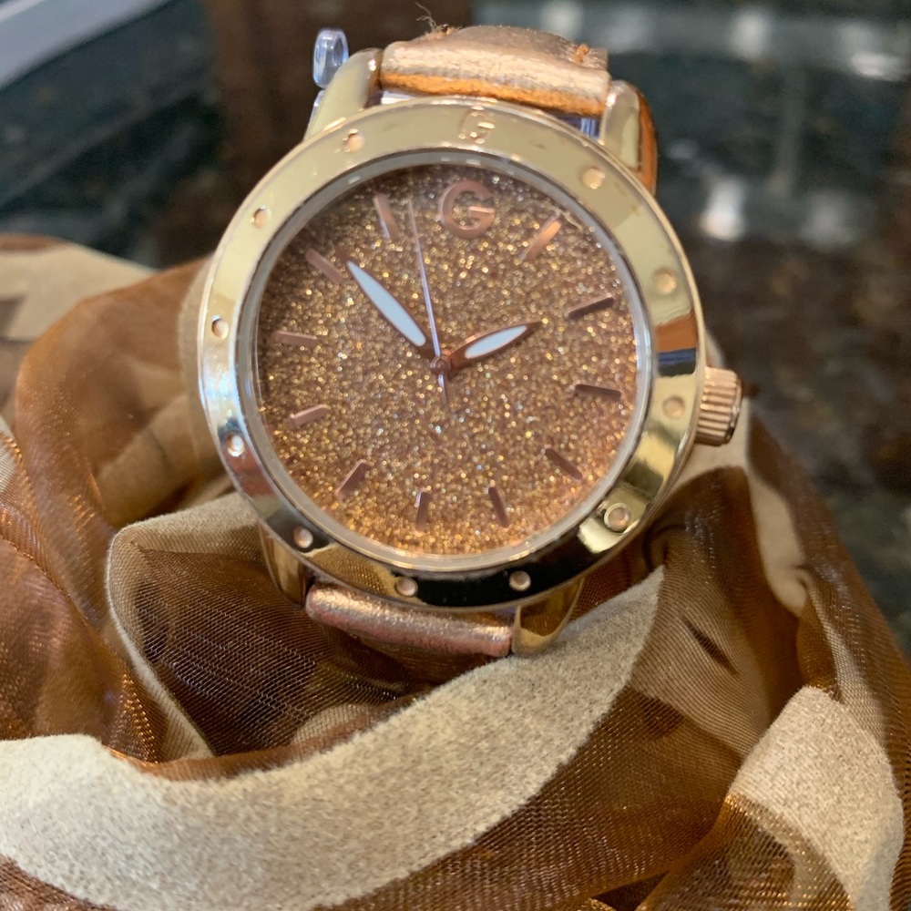 G by guess glitter rose gold quartz watch